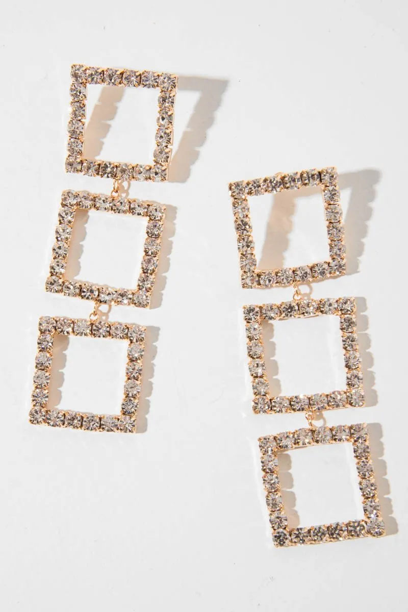 Gold Square Drop Diamante Embellished Earrings - Euna