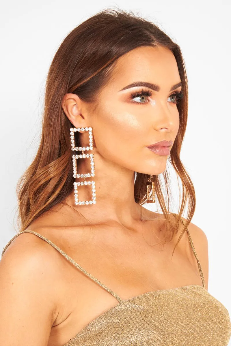 Gold Square Drop Diamante Embellished Earrings - Euna
