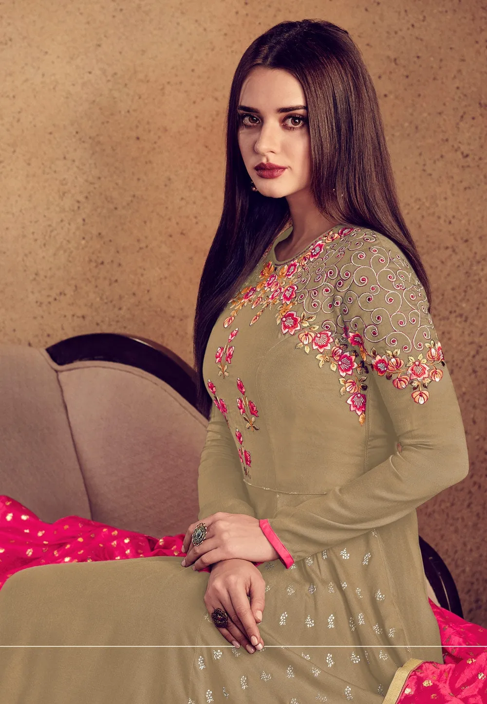 Golden And Pink Embellished Anarkali Suit
