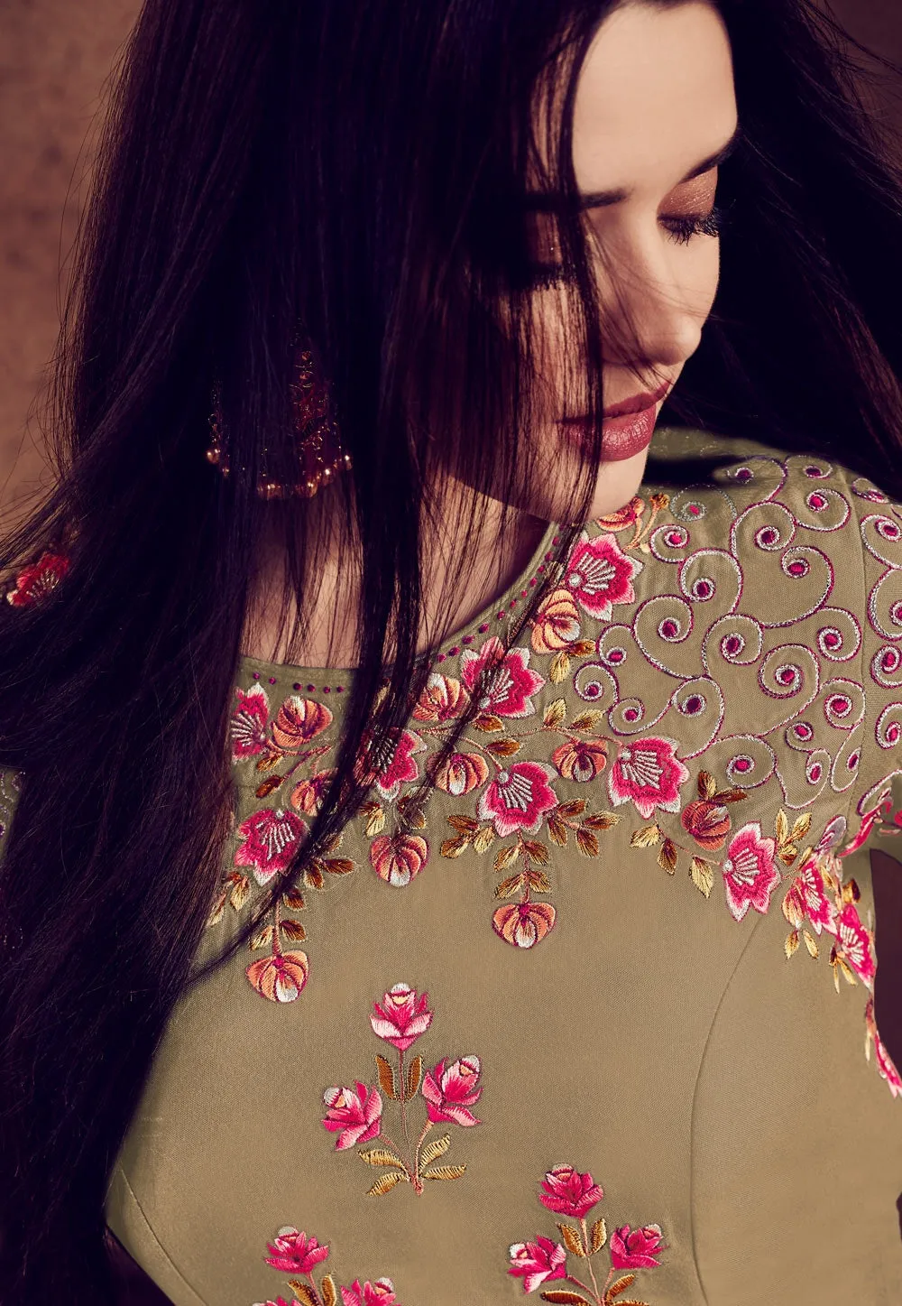 Golden And Pink Embellished Anarkali Suit