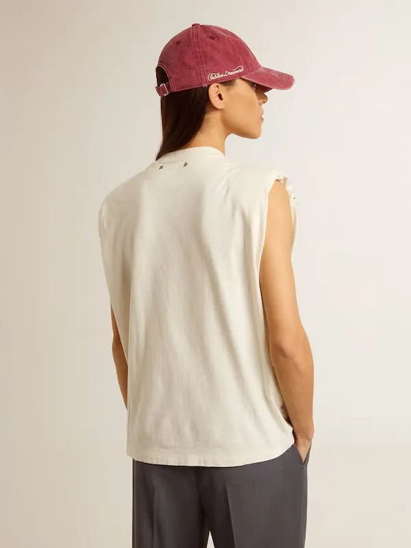Golden Goose Aged white sleeveless T-shirt embellished with crystals