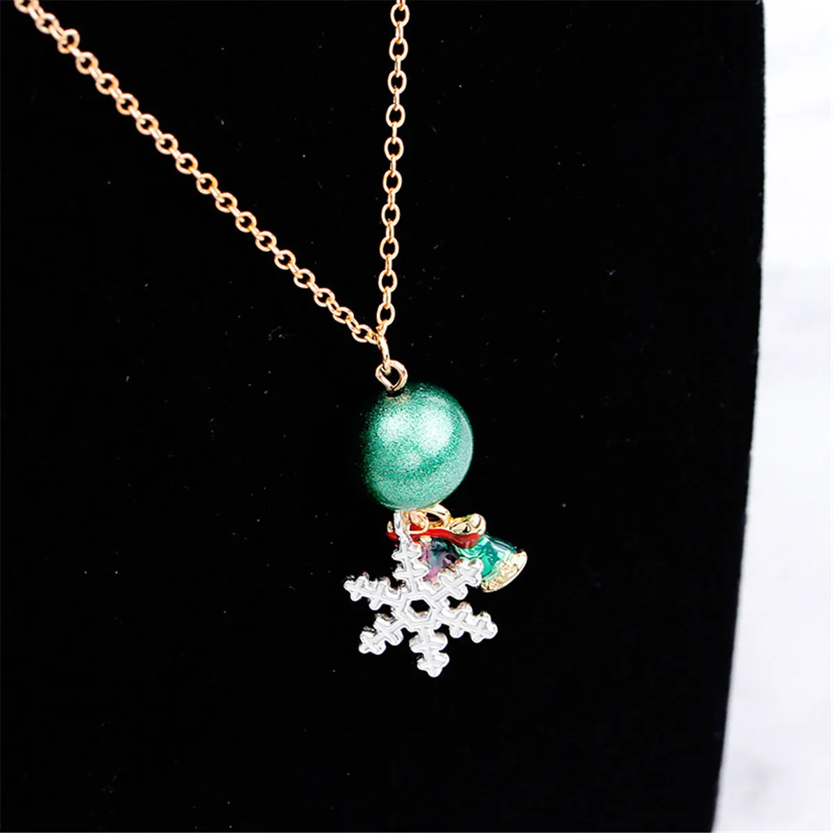 Green & 18K Gold-Plated Snowflake Bells Pendant Necklace
