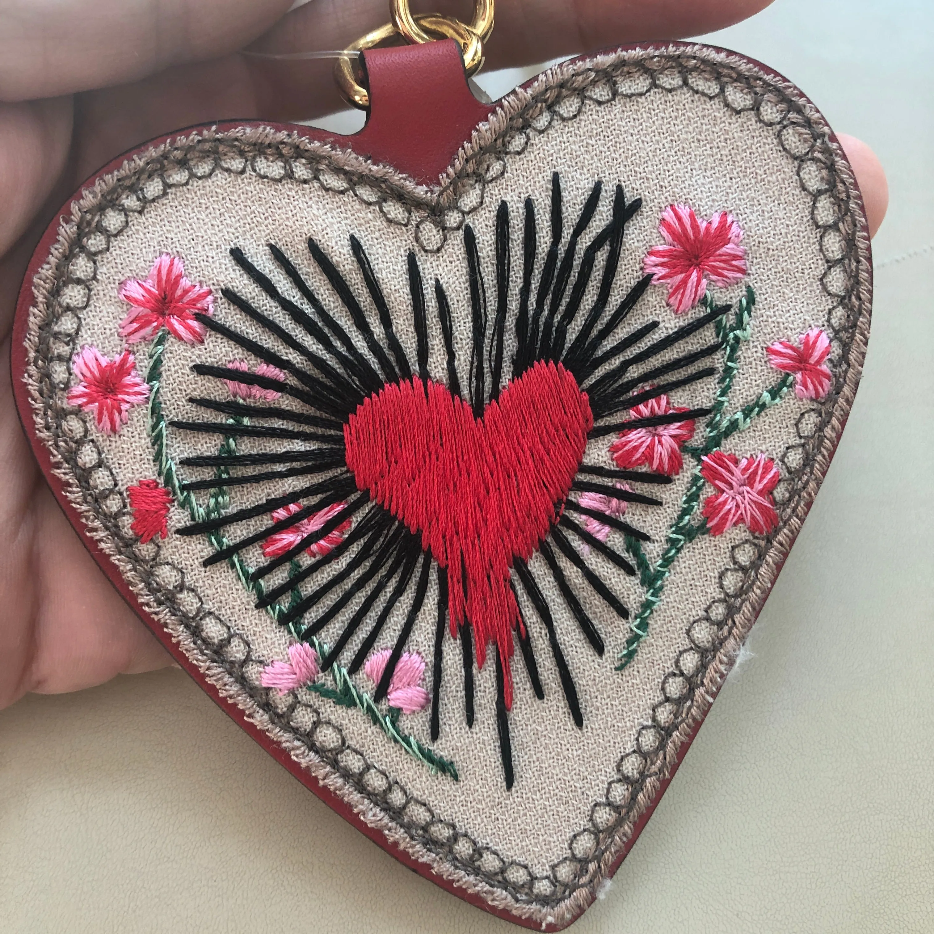Gucci GG Supreme Embroidered Heart Keychain in Beige