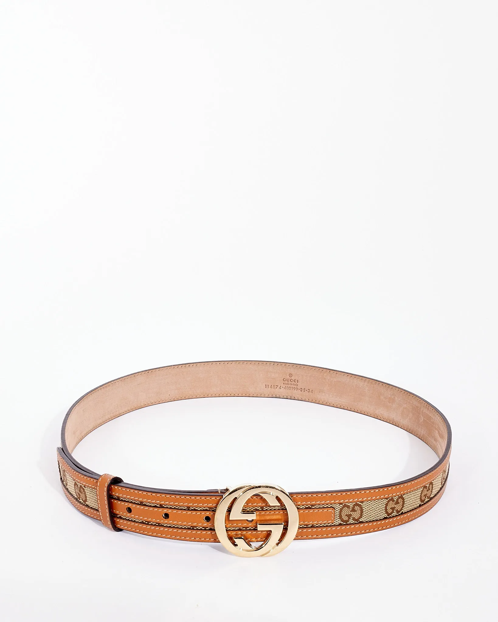 Gucci Tan Leather Trim Monogram GG Canvas Interlocking G Belt 85/34