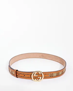Gucci Tan Leather Trim Monogram GG Canvas Interlocking G Belt 85/34