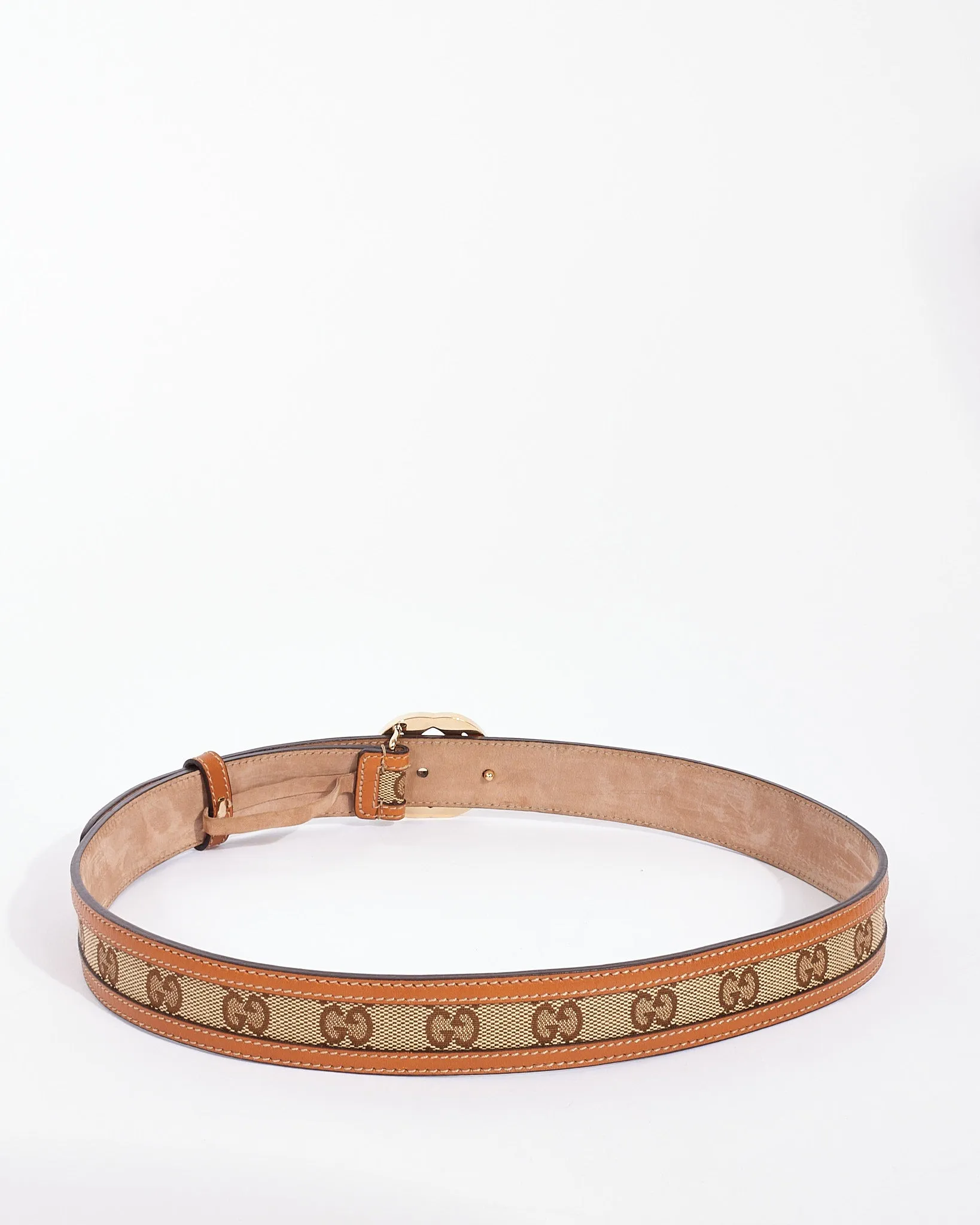 Gucci Tan Leather Trim Monogram GG Canvas Interlocking G Belt 85/34