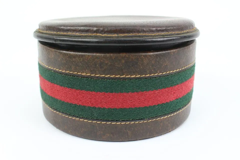 Gucci Ultra Rare Brown Leather Web Round Box Case Jar Boite 71g411s