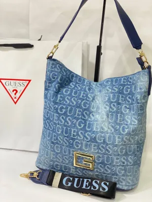 Guess Denim Logo Print Shoulder Bag