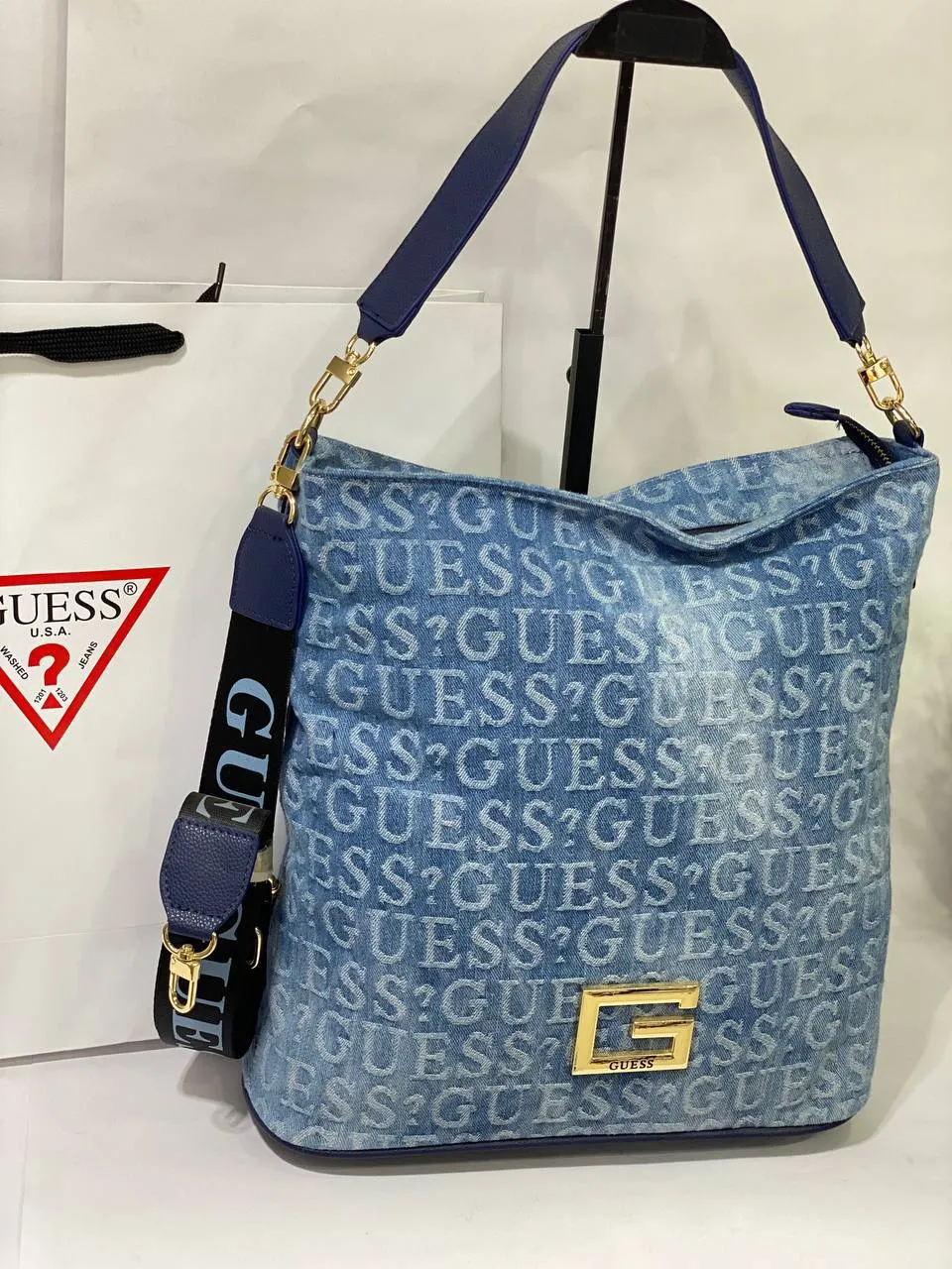 Guess Denim Logo Print Shoulder Bag