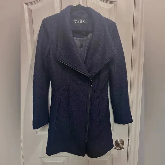 💙”Guess” Women’s Dark Navy Blue Wool Blend Zip Front Coat w/ Pockets Size S💙