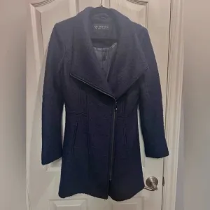 💙”Guess” Women’s Dark Navy Blue Wool Blend Zip Front Coat w/ Pockets Size S💙
