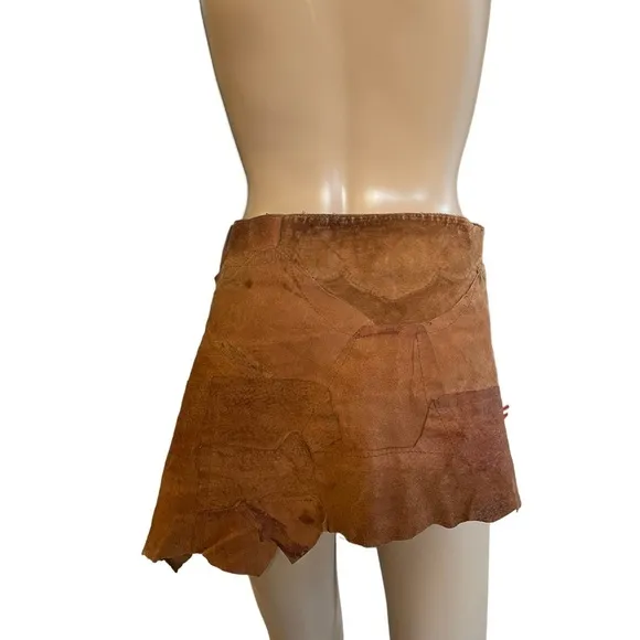 Handmade brown leather patchwork mini skirt one size