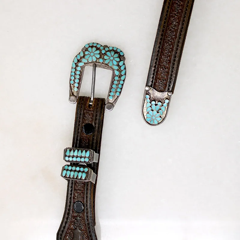 Handsome Tooled Leather Belt with Turquoise Inlay Hardware