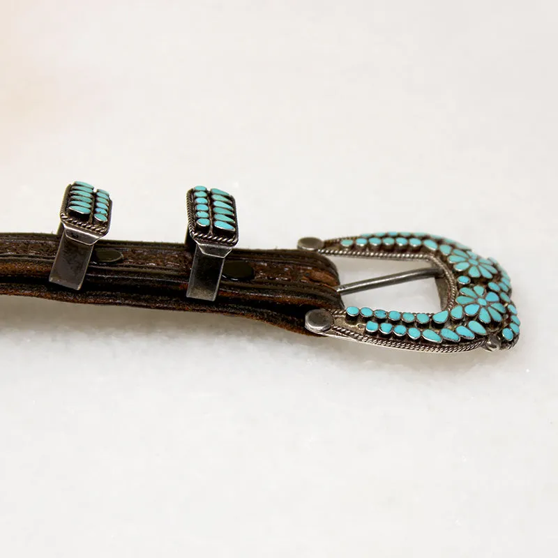 Handsome Tooled Leather Belt with Turquoise Inlay Hardware
