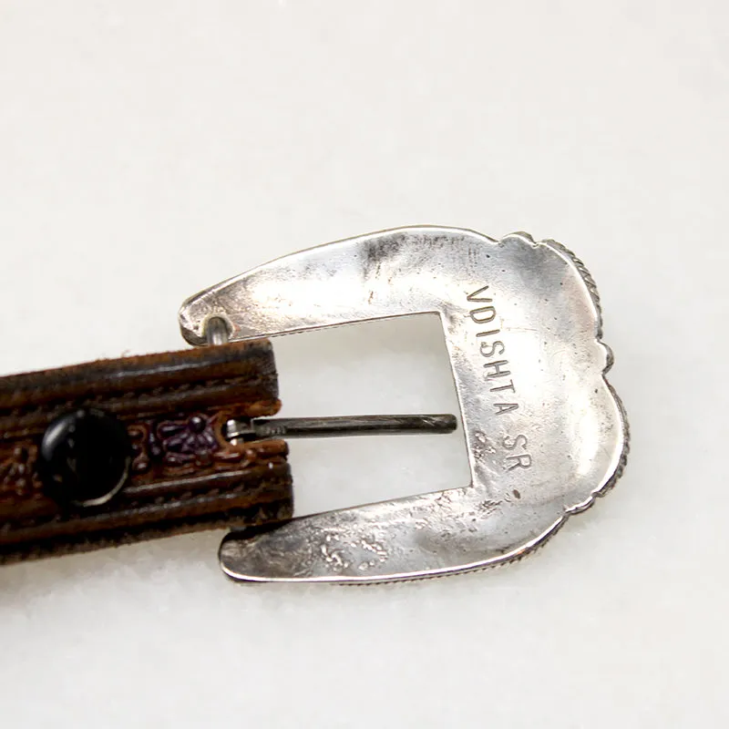 Handsome Tooled Leather Belt with Turquoise Inlay Hardware