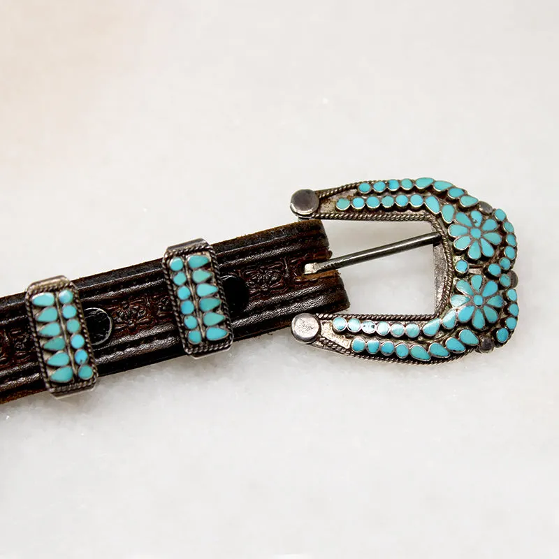 Handsome Tooled Leather Belt with Turquoise Inlay Hardware