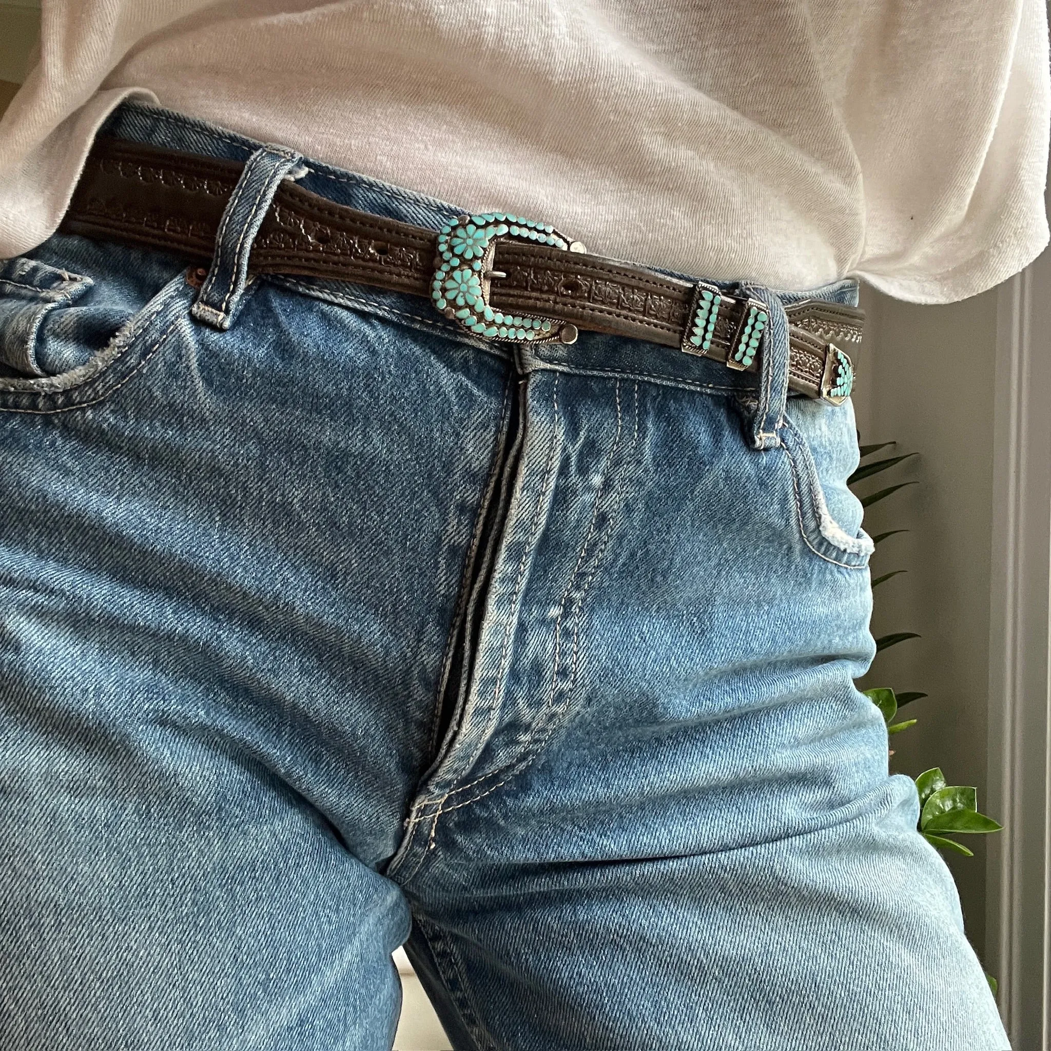 Handsome Tooled Leather Belt with Turquoise Inlay Hardware