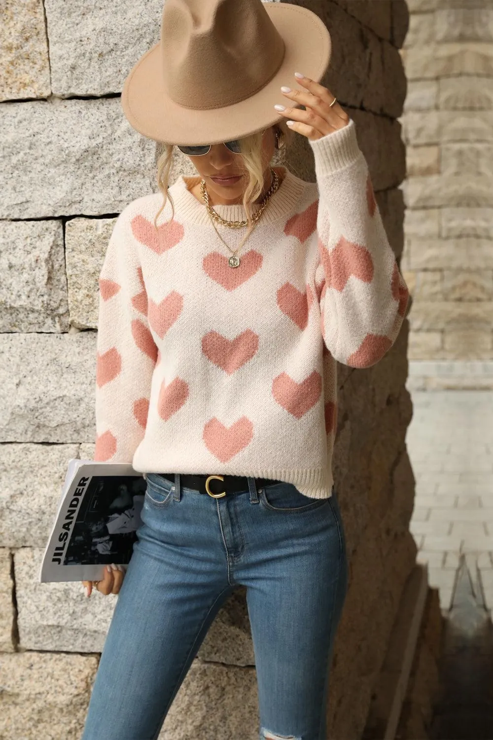 Hazel Blues® | Heart Pattern Dropped Shoulder Sweater