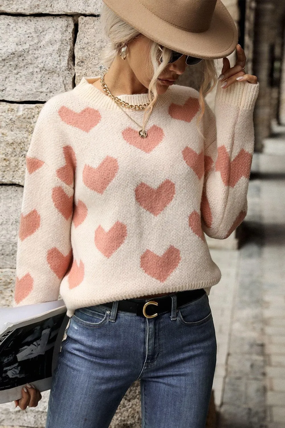 Hazel Blues® | Heart Pattern Dropped Shoulder Sweater