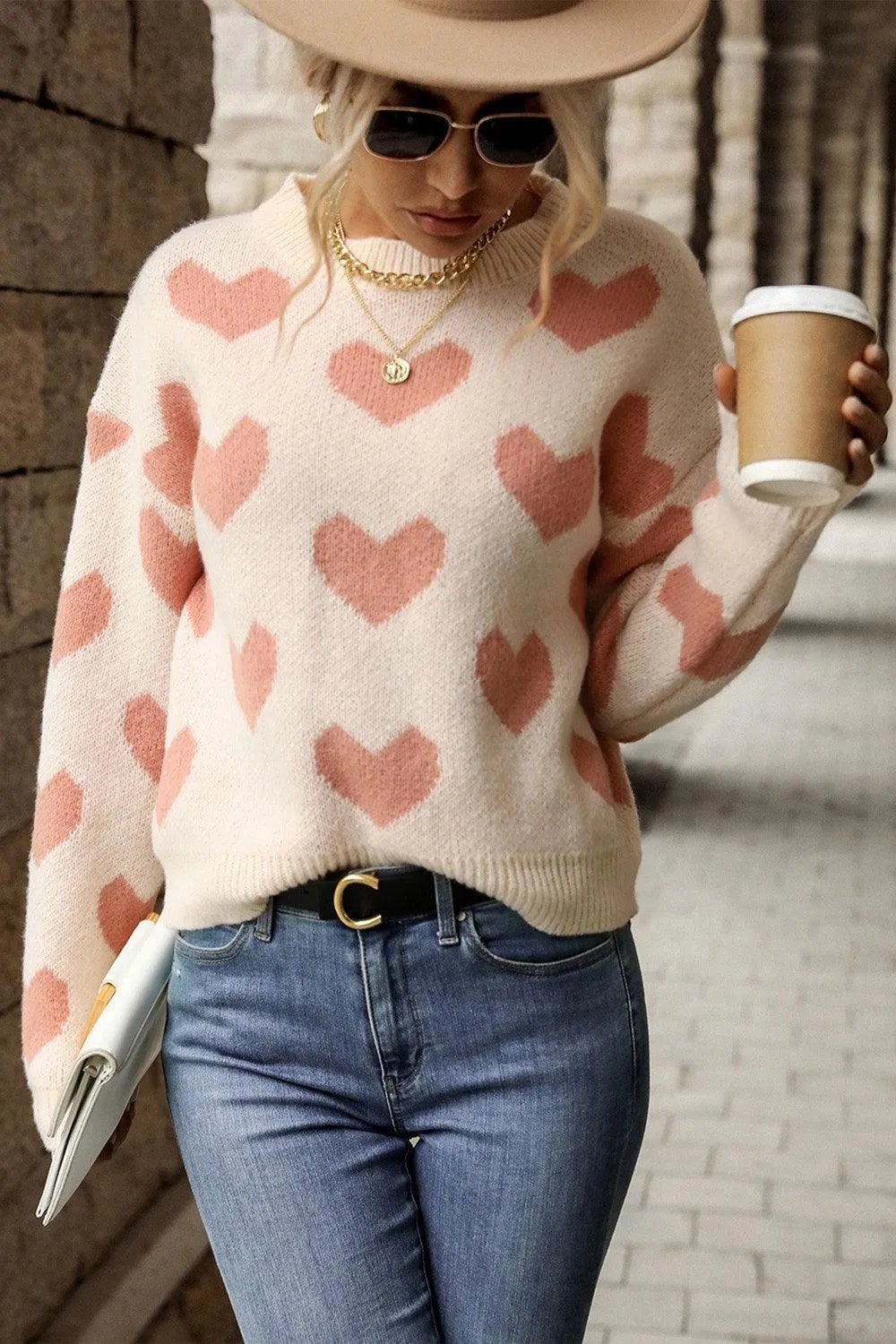 Hazel Blues® | Heart Pattern Dropped Shoulder Sweater