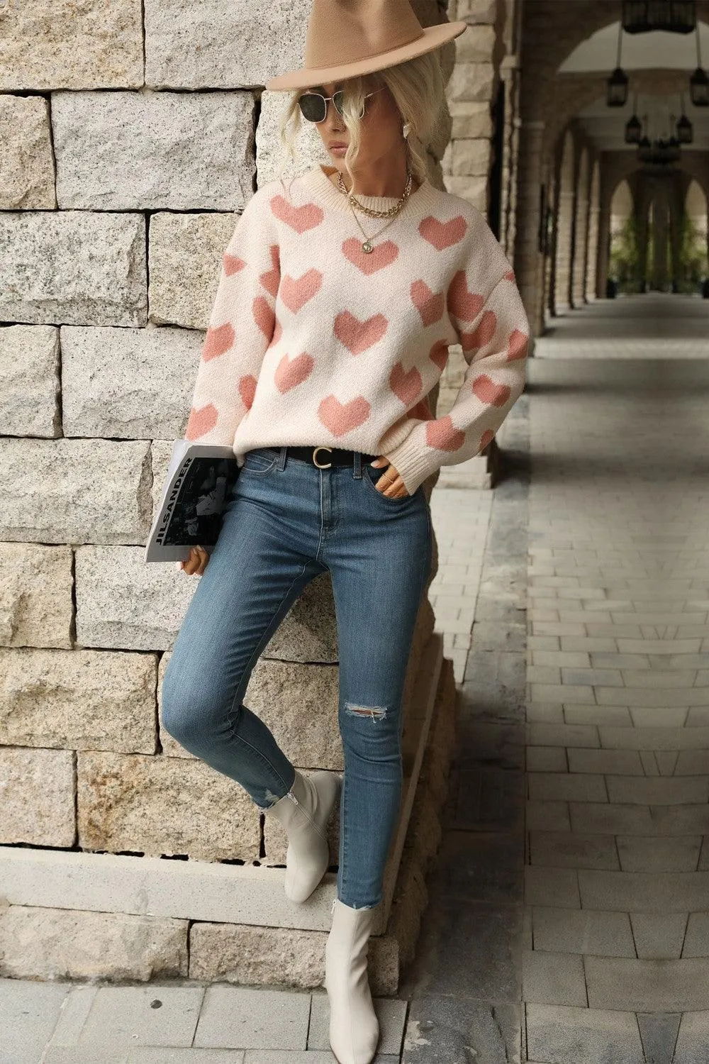 Hazel Blues® | Heart Pattern Dropped Shoulder Sweater