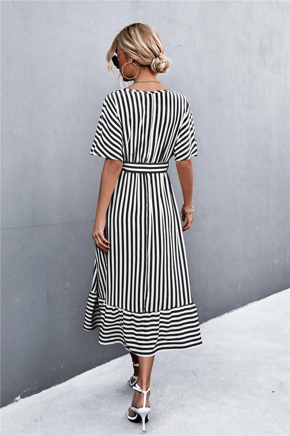 Hazel Blues® | Striped Tie Belt Midi Dress