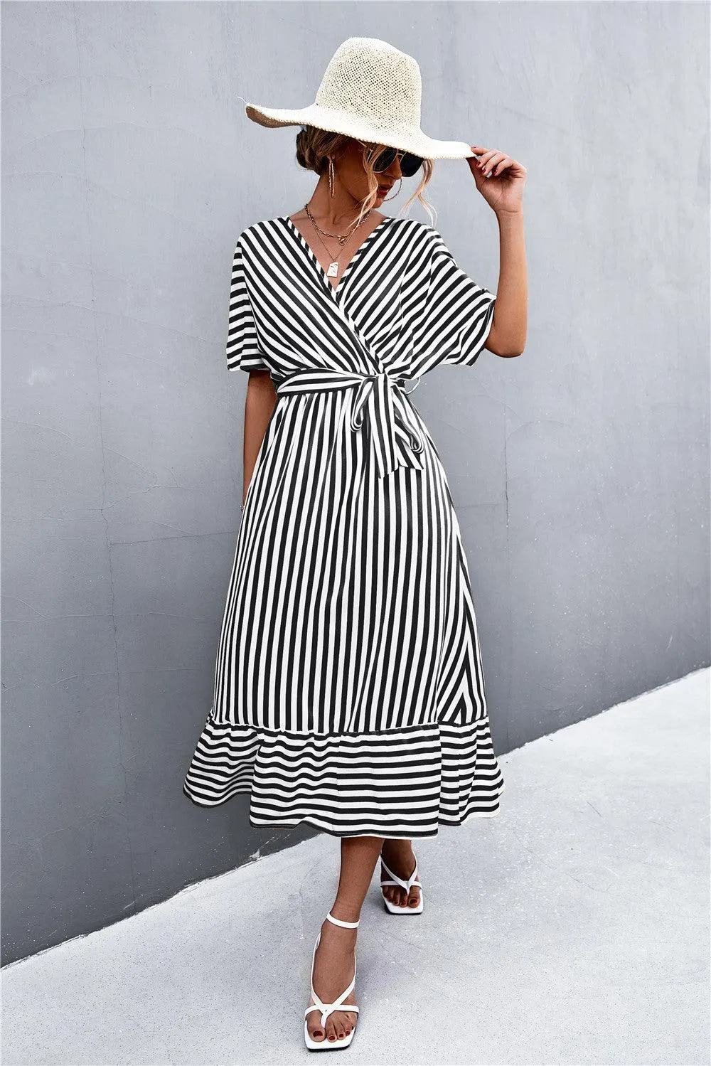 Hazel Blues® | Striped Tie Belt Midi Dress