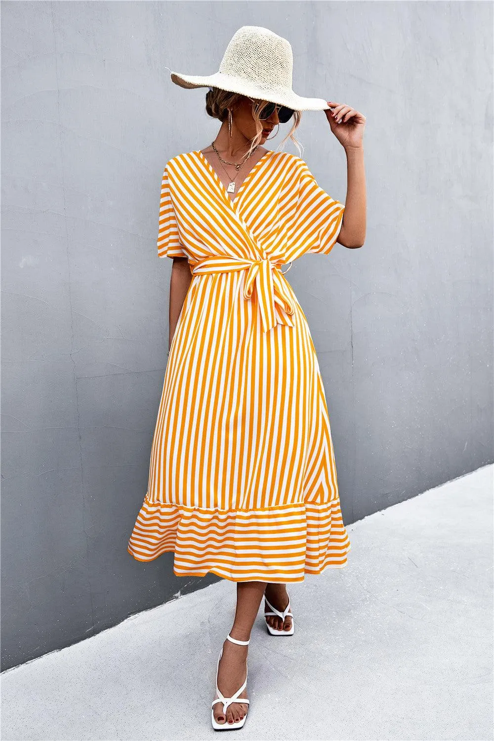 Hazel Blues® | Striped Tie Belt Midi Dress