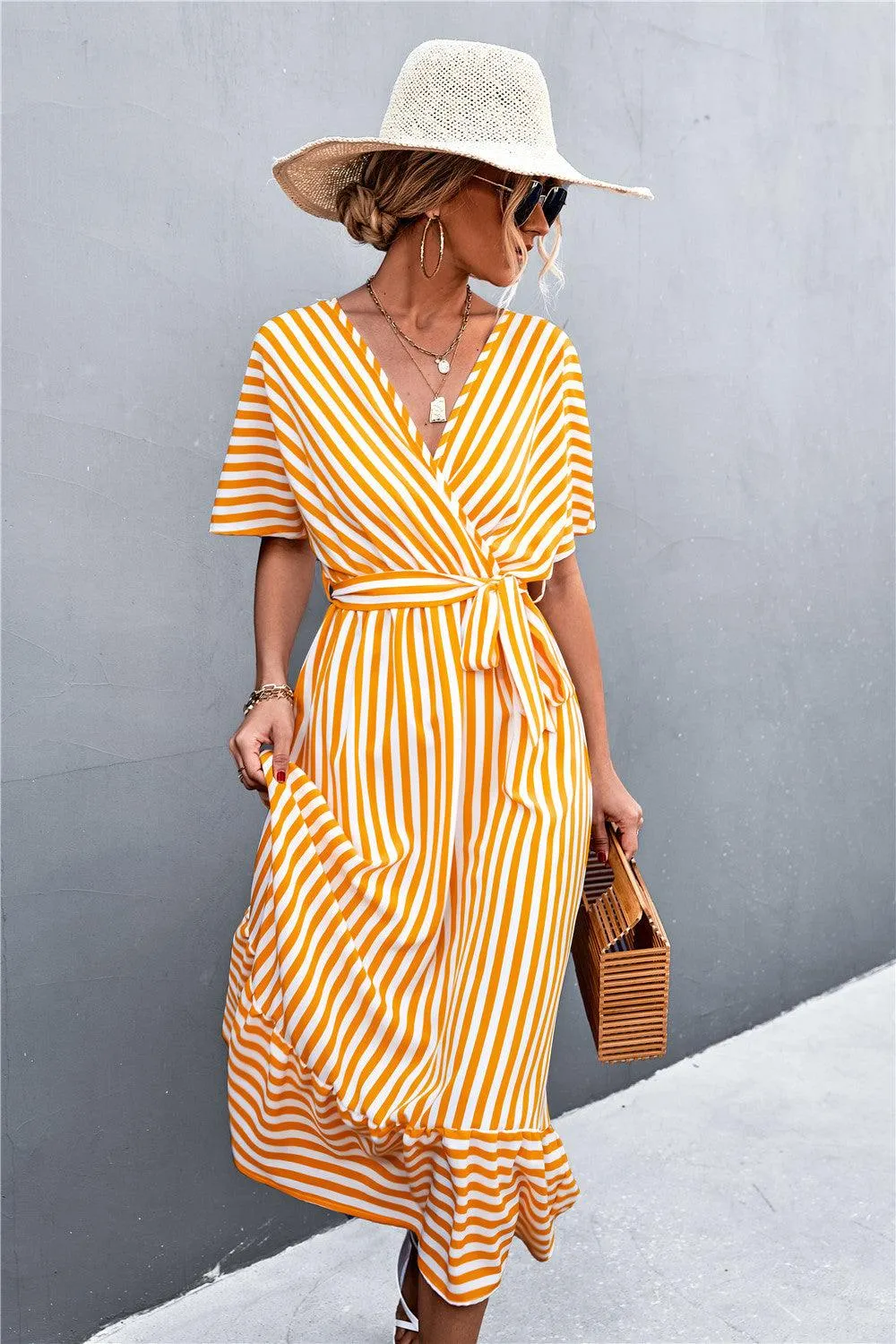 Hazel Blues® | Striped Tie Belt Midi Dress