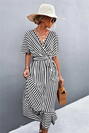 Hazel Blues® | Striped Tie Belt Midi Dress