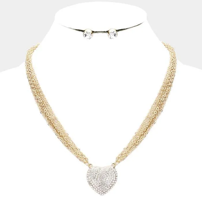 Heart Pendant Clear Rhinestone Embellished Necklace Set