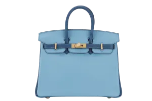 HERMES BIRKIN 25 HSS STAMP U (YEAR 2022) BLUE CELESTE MIX NAVY BLUE SWIFT LEATHER BRUSHED GOLD HARDWARE WITH LOCK&KEYS AND DUST COVER