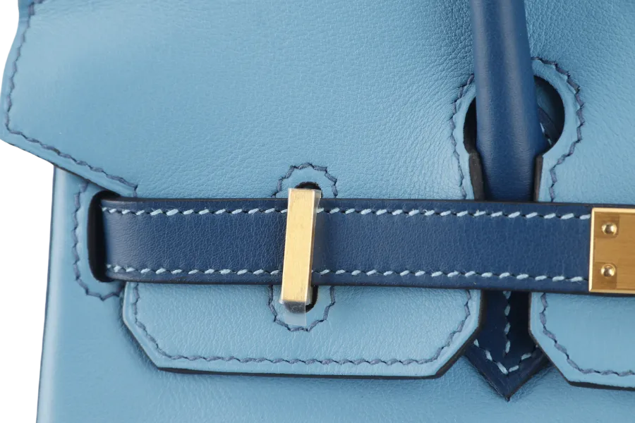 HERMES BIRKIN 25 HSS STAMP U (YEAR 2022) BLUE CELESTE MIX NAVY BLUE SWIFT LEATHER BRUSHED GOLD HARDWARE WITH LOCK&KEYS AND DUST COVER