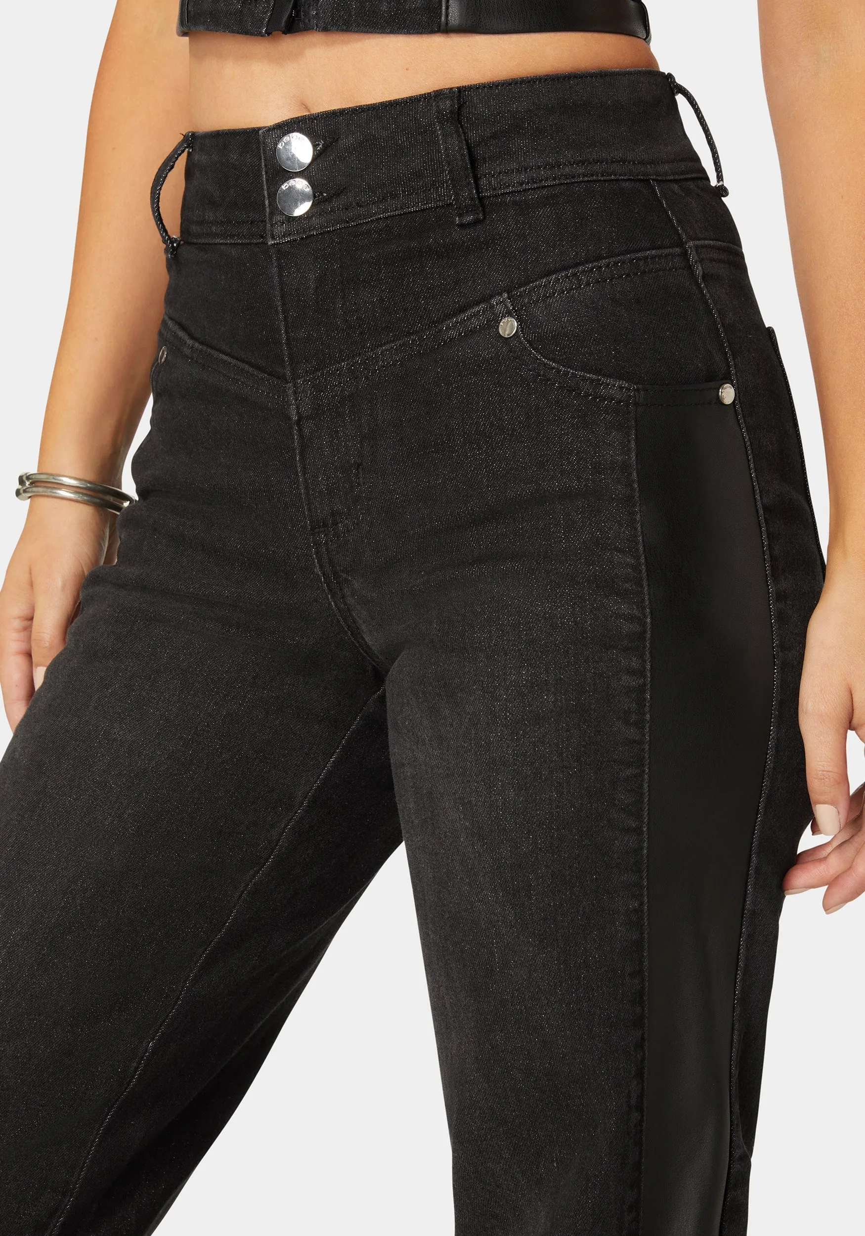 High Waist Vegan Leather Side Panel Wide Leg Jean