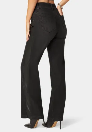 High Waist Vegan Leather Side Panel Wide Leg Jean