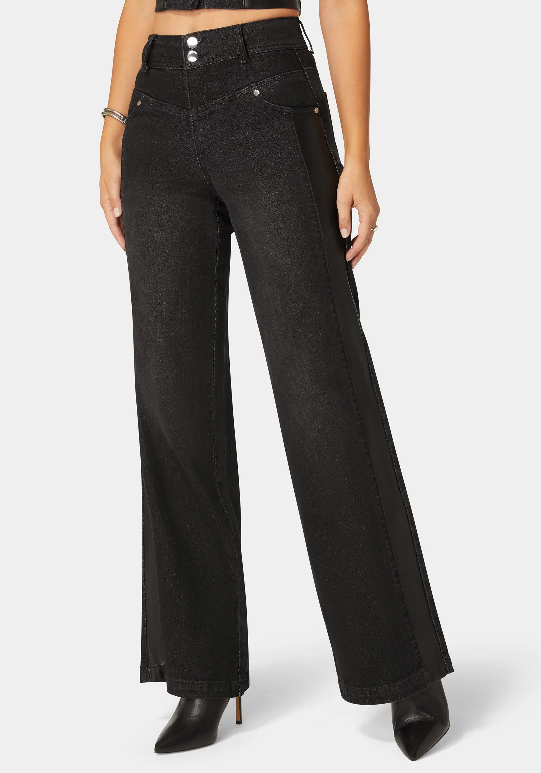 High Waist Vegan Leather Side Panel Wide Leg Jean