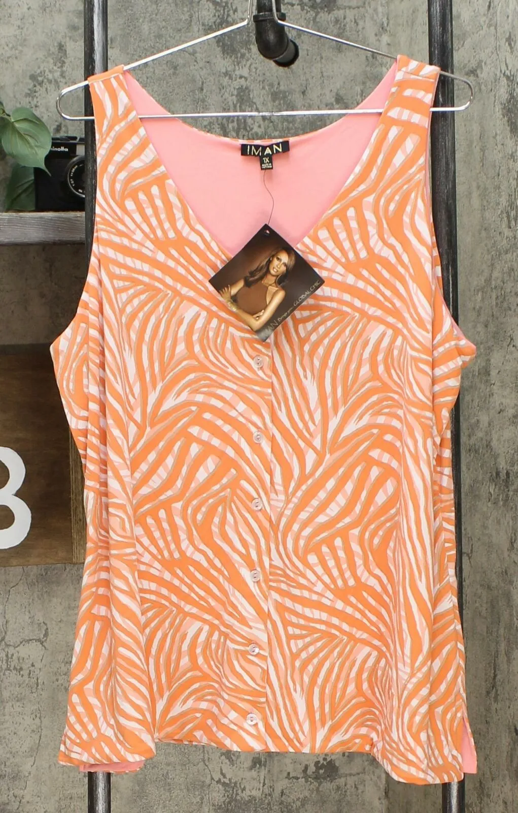 IMAN Women's Plus Size Boho Chic Reversible Button Front Tank Top