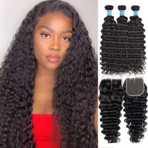 Indian Deep Wave Bundles With 4×4 Closure 10A Grade 100% Human Remy Hair MYLOCKME