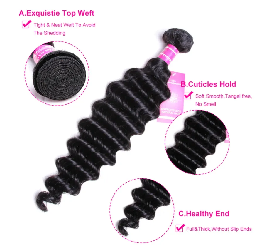 Indian Deep Wave Bundles With 4×4 Closure 10A Grade 100% Human Remy Hair MYLOCKME