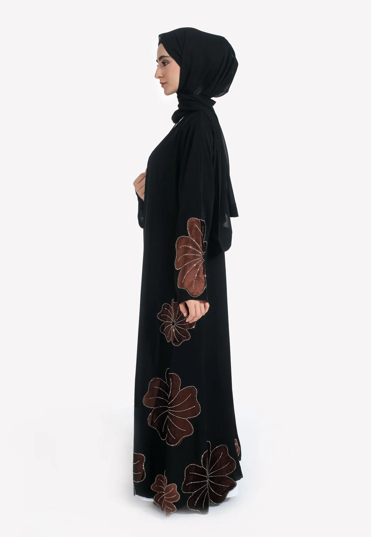Intricate Brown Velvet Geranium Open Abaya