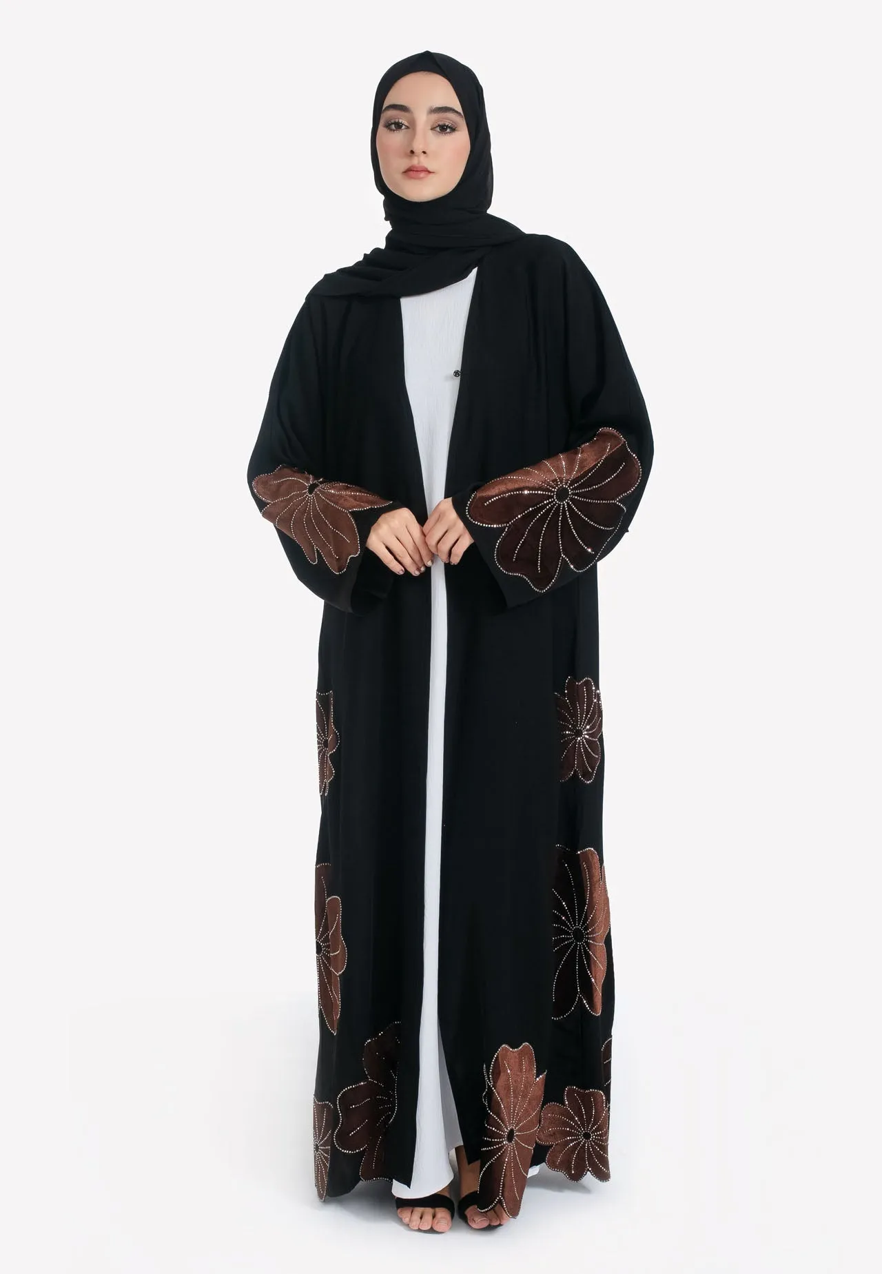 Intricate Brown Velvet Geranium Open Abaya
