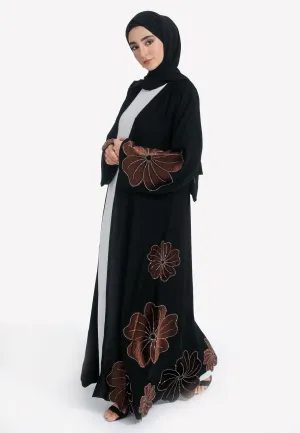 Intricate Brown Velvet Geranium Open Abaya