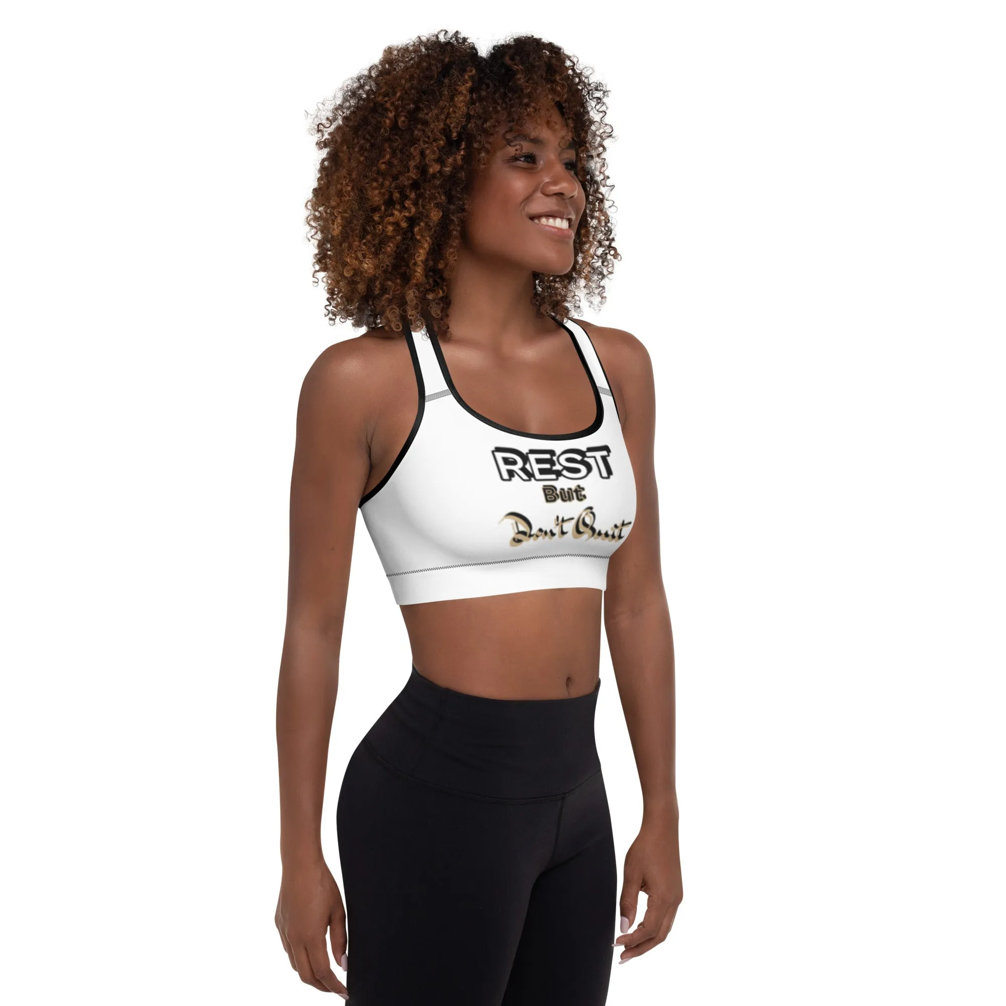 IR Padded Sports Bra White/Blk Trim -Rest But Don't Quit