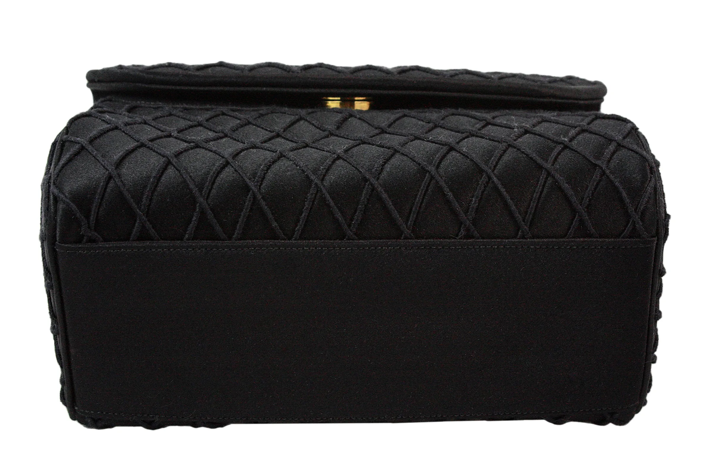 JUDITH LEIBER Black Satin Purse with Gold & Rhinestone Infinity Chain