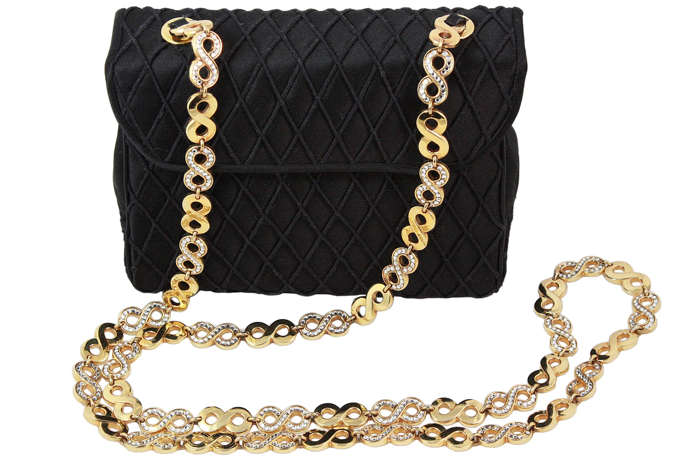 JUDITH LEIBER Black Satin Purse with Gold & Rhinestone Infinity Chain