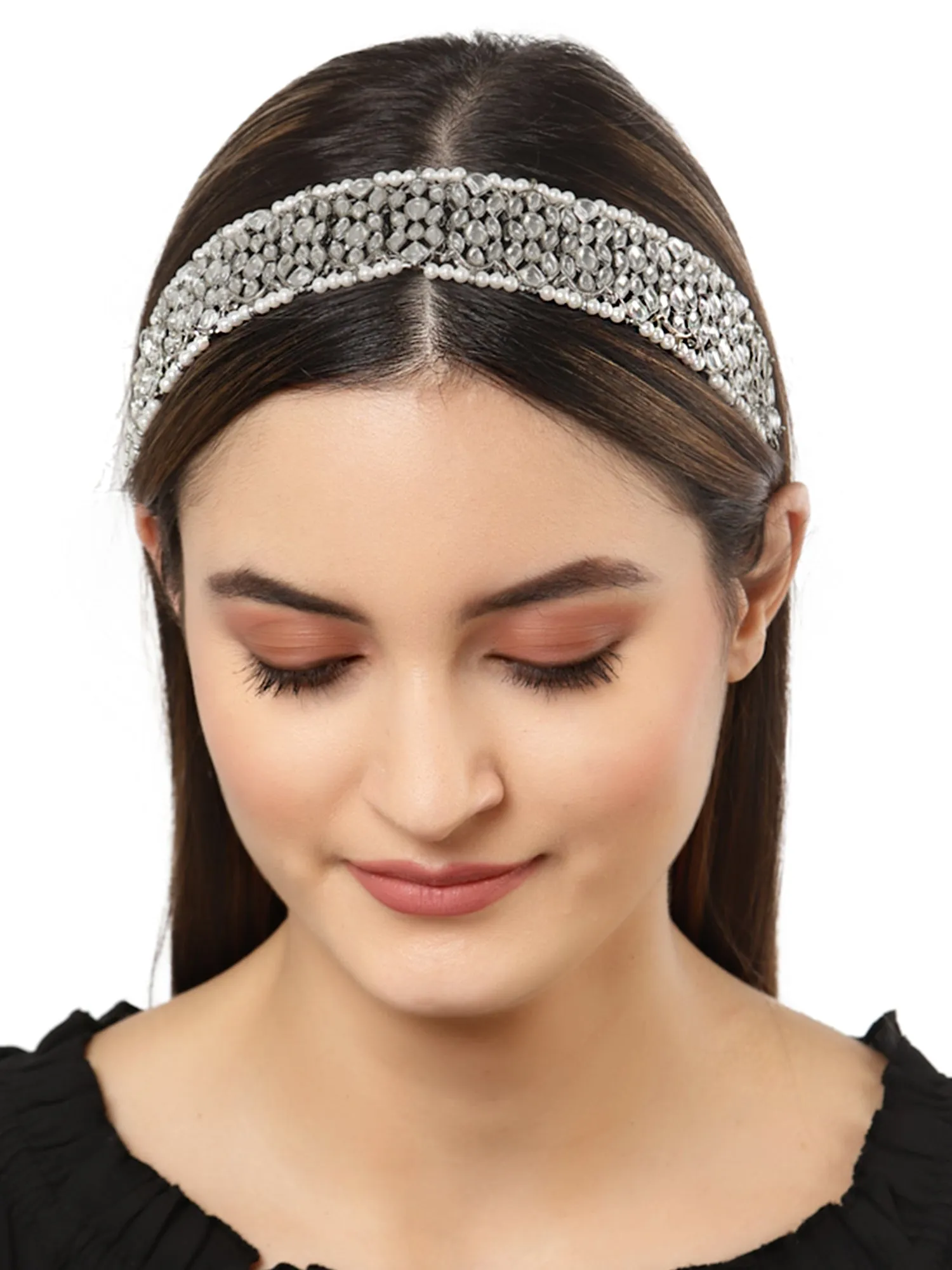 Karatcart Oxidised Silver Handcrafted Embellished Kundan Hairband for Women