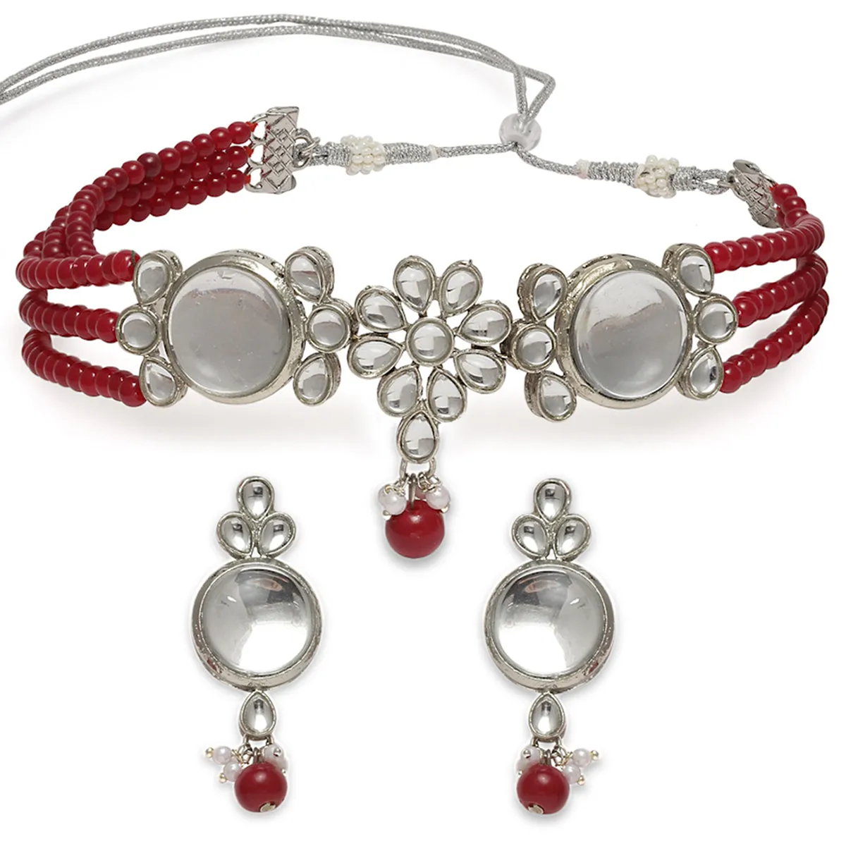 Karatcart Oxidised Silver Red Multistrand Embellished Choker Necklace Setfor Women
