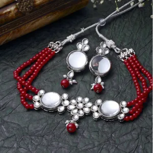 Karatcart Oxidised Silver Red Multistrand Embellished Choker Necklace Setfor Women