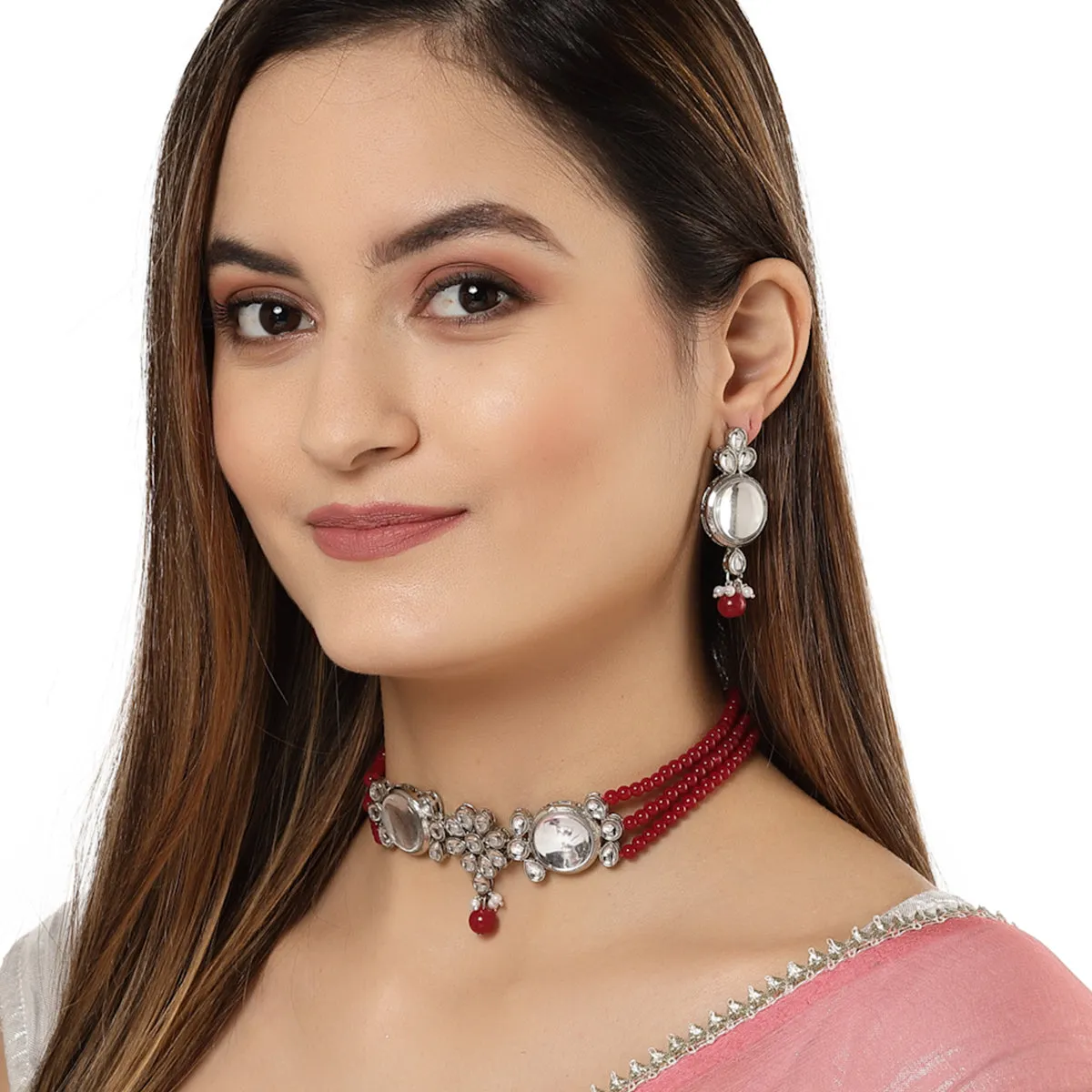 Karatcart Oxidised Silver Red Multistrand Embellished Choker Necklace Setfor Women