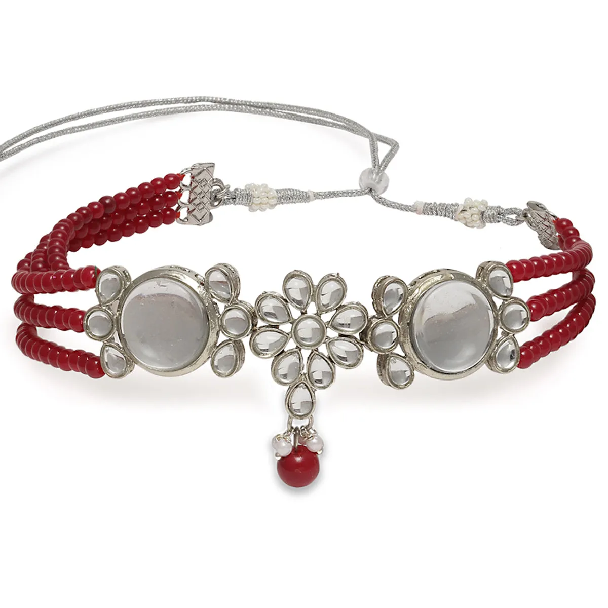 Karatcart Oxidised Silver Red Multistrand Embellished Choker Necklace Setfor Women